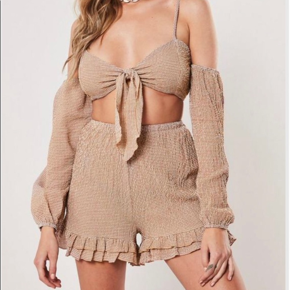 Brown Gingham Print Mini Skirt Crop Top Co Ord Set